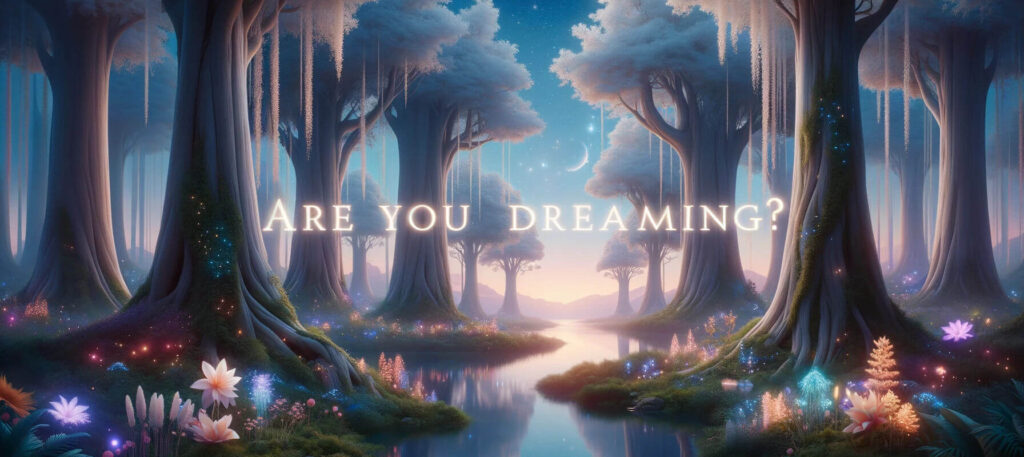 Magiczny krajobraz drzew i rzeki z napisem Are you Dreaming